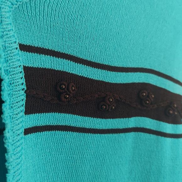 90s Y2K Teal Cardigan Vertical Stripe Beaded Accent Medium 3/4 Sleeve - Picture 3 of 7